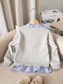 Genkimix Kids 女童条纹二合一衬衫领长袖休闲卫衣，时尚冬季款 - 灰色 - 查看 2