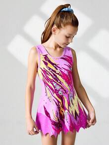 SHEIN 少女无袖印花体操服，舒适亲肤，贴身设计防止走光，适合艺术体操、学校舞蹈比赛等各种场合，秋冬季均适用。 - 彩色 - 查看 3