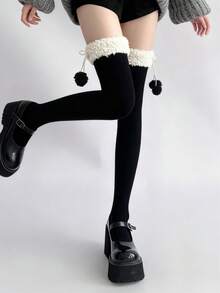 ROMWE Fairycore 1双可爱风格过膝袜，JK洛丽塔学院风过膝袜，加厚保暖绒毛过膝袜，秋冬保暖过膝袜 - 黑色 - 查看 3