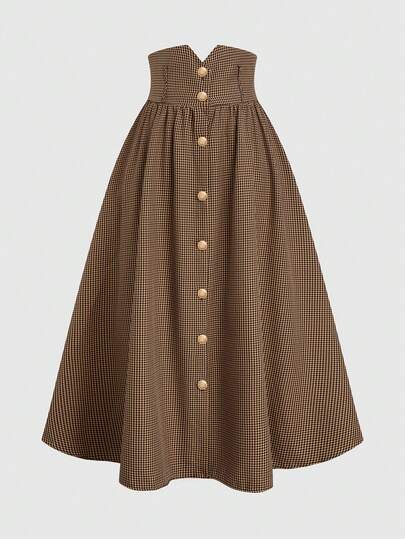 Franclia Plus Size Women Plaid Fabric Waist Pleated Gold Button Skirt Button Front Skirt Brown Skirt Khaki Skirt Women High Waisted Skirt Midi Skirt Plaid Skirt Checkered Skirt