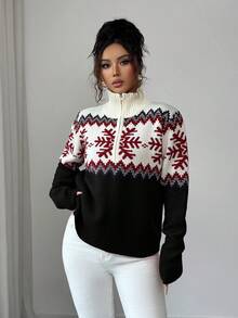 SHEIN Elenzya 优雅女士费尔岛图案拼色拉链毛衣，圣诞节设计，秋冬 - 黑色 - 查看 3