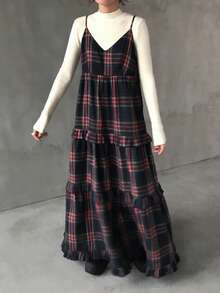 FRIFUL 女士格子吊带宽松休闲百搭叠层中长连衣裙，秋冬夏季女装 - 藏蓝色 - 查看 3