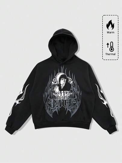 Black Jack X ROMWE Felpa con cappuccio da uomo con stampa grafica a cartone animato, adatta per l'autunno/inverno