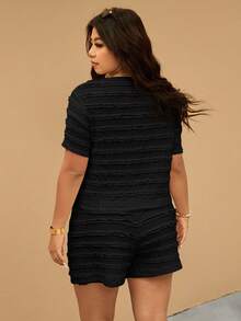 Elaquor Plus Size Vacation Casual Solid Color Tie Front Top And Shorts 2 Pieces Set