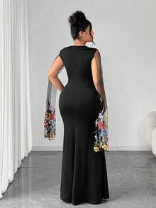 Cravure Embroidered Lace Mesh Long Sleeve Shawl Collar Mermaid Dress - Black - View 2