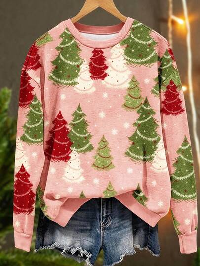 EMERY ROSE Christmas Themed Digital Print Fashionable Minimalist Women Crew Neck Regular Long Sleeve Sweatshirt, Gift For Friends, Autumn/Winter