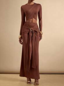 Lyxana Women's Fashion Ruched Elegant Metal 2 Pieces Set - Redwood - View 3