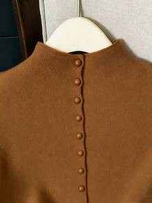 Franclia 休闲宽松高领无袖针织纽扣设计红色女式毛衣上衣，春秋 - 摩卡棕 - 查看 5