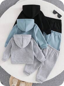 SHEIN 6件套婴儿男女童可爱休闲运动套装，针织字母印花连帽衫和运动裤套装，秋冬季男女通用婴儿服装 - 霧霾藍 - 查看 2