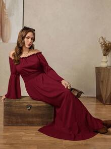 SHEIN LUNE Plus Size Women's Solid Color Ruffle Off Shoulder Long Sleeve Fashion Dress/Christmas - Burgundy - View 6