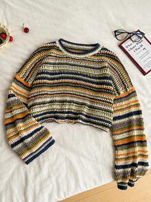 Elamini Casual Versatile Crew Neck Colorblock Striped Sweater