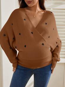 SHEIN Pregnant Women's Casual Heart Embroidery Batwing Sleeve Wrap Sweater, Autumn/Winter