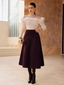 Modelyn Váy dài xòe thanh lịch bằng da lộn giả màu trơn dành cho nữ - Màu Đỏ Sâu - Xem 5