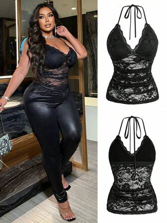 NU&NOW Plus Size Women Spaghetti Strap V-Neck Bowknot Ruffle Patchwork Vintage Cute Sheer Lace Camisole