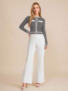 Amorya Women's Grey Rib Knit Crop Cardigan With Round Neck And Long Sleeves Elegant Button Detail - Grey - View 4