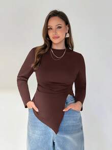 Auralis Topuri de damă plus size, de primăvară și toamnă, la modă, casual, confortabile, cu tiv neregulat, maro, slim, haine de toamnă, topuri pentru ieșiri în oraș, topuri curbate - Maro - Vizualizare 6