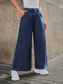 Selenza Fashionable & Elegant Dark Wash Wide Leg Jeans - Dark Wash - View 3