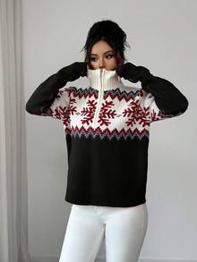 SHEIN Elenzya 优雅女士费尔岛图案拼色拉链毛衣，圣诞节设计，秋冬 - 黑色 - 查看 4