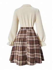 Sparklyn Plaid Patchwork Waist Cinched Long Sleeve Puff Cuff Autumn Dress For Teen GirlBack To School Fall Dress, Suitable For Outings, School, Street, Campus Wear