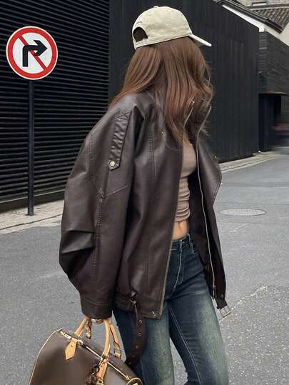 DAZY Women's Casual Loose Fit Faux Shearling Collar PU Leather Jacket, Autumn/Winter Women Coats