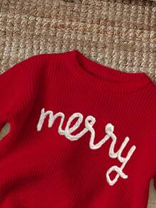 SHEIN Dziewczęcy sweterek świąteczny z nadrukiem w litery, luźny krój, okrągły dekolt, długi rękaw, odpowiedni na jesień/zimę