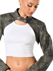 SUMWON WOMEN Extreme Cropped Moto Jacket With Cut Out Chest Detail And Stud Belt - Black - View 6