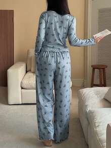 DAZY Lace Patchwork Bow Print Ruched Wavy Hem Top & Pants Pajama Set, Sweet, Fall & Winter Clothes - Blue - View 2