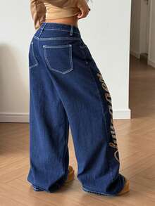 StreetHx Quần jean ống rộng túi xéo họa tiết da báo thường ngày dành cho nữ, mùa thu - Rửa tối - Xem 2