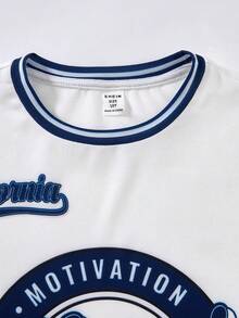 SHEIN 男童休闲日常舒适印花圆领撞色袖针织T恤，街头酷炫加州风，两件套长袖棒球衫，3T男童款，适合日常穿着、上学、旅行、运动，撞色拼接，二合一设计，适合春夏穿着，棒球长袖衫 - 白色 - 查看 4