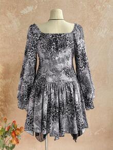 Soleia Plus Size Women Leopard Print Long Sleeve Asymmetrical Hem Mini Dress - Multicolor - View 2