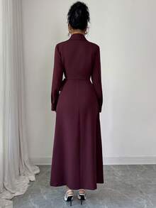 Elenzga 女士编织优雅秋季长裙，适合度假 - 酒紅色 - 查看 2