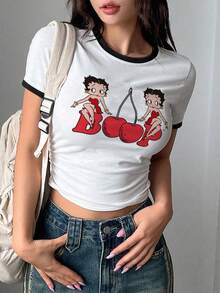 Betty Boop x SHEIN Women's Casual Cartoon Pattern Trim Fitted Short Sleeve T-Shirt, Summer Y2k Clothes Women Tops 90s Top Graphic Tees Women Crop Crop Tops Women Tshirt - White - View 1