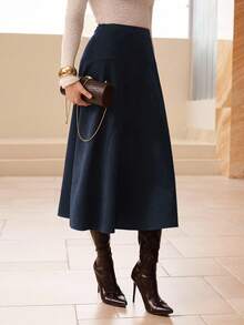 Modelyn Rok Panjang Elegan Model Mengembang Bahan Suede Imitasi Warna Polos untuk Wanita - Biru - View 7