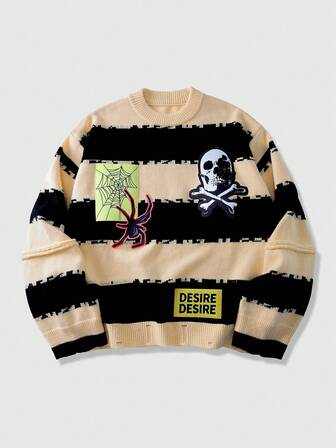 Street Life Maglione girocollo da uomo con stampa di teschi e ragni