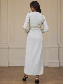 Chiquease Elegante vestido midi con volantes que ciñe la cintura y mangas largas, estilo de viaje, estética europea y estadounidense Ins - Beis - Ver 2