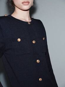 SHEIN Luminelle Áo len cardigan dệt kim trang trí khóa kim loại thời trang mới cho nữ - Màu xanh hải quân - Xem 4