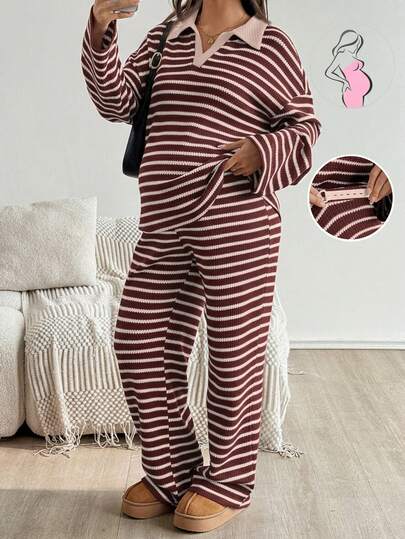 SHEIN 2pcs Maternity Striped Drop Shoulder Long Sleeve Top And Adjustable Waist Wide Leg Pants Casual Set