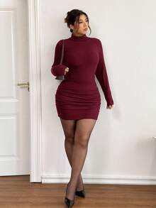 Lounesse Plus Size Women's High Neck Textured Long Sleeve Bodycon Dress,Elegant Burgundy Autumn Knit Red Wine Dress For Night Out Club,Wedding,Valentine's Day - Burgundy - View 3