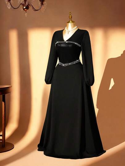 Rometta Plus Size Women Luxurious Knitted Long Sleeve Splice Glossy Vertical Striped Fabric Bubble Pearl Rhinestone Decor Extra Long Black Dress