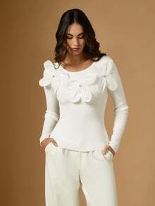 Briarwyn Women's Elegant Floral Decor Round Neck Long Sleeve Fitted White Sweater,Autumn/Winter New Year,Old Money Style Tea Party Winter - White - View 5