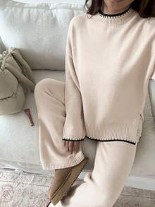 Flirla 女士休闲撞色针织毛衣和裤子两件套，秋冬 - 米色 - 查看 3