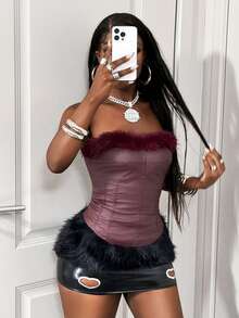 BamGleam Women's Crop Top With Burgundy Fuzzy & PU Leather Patchwork Design - Burgundy - View 4