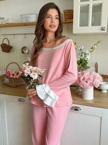 Snug Reverie 1 Set Women's Boat Neck Bell Sleeve Cute Pajamas Sleep Wear Women 2 Pieces Set Two Piece Sleepwear Set Comfy Pajamas Set Lounge Wear Women Set Long Sleeve Lounge Set, Fall & Winter Clothes Sleep Wear Women 2 Piece Set - Pink - View 2