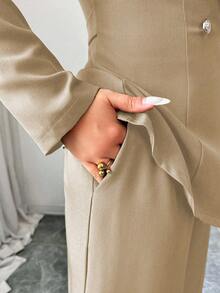 Elenzga petite 女式橄榄绿色厚面料 V 领翻领收腰纽扣设计西装外套和阔腿裤套装，教师/职业装，适合感恩节、万圣节、秋季，时尚百搭两件套西装 - 卡其色 - 查看 5
