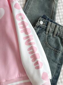 SHEIN Tween Girls' Casual All-Match Versatile School & Daily Wear Cartoon Capybara Pattern Patchwork Baseball Jacket With Thermal Lined, Autumn/Winter - Pink - View 5