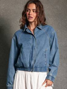 WESTFADE Collared Snap Button & Zipper Front Relaxed Cotton Blend Denim Cropped Bomber Jacket Back To School Cute Fall Clothes Summer Country Concert - Dark Wash - View 3