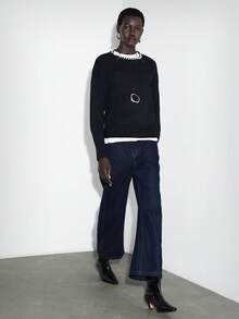 Chiquease pull en tricot noir à col rond, manches bouffantes, perles, décontracté et polyvaleance pour femmes - Noir - Voir 3