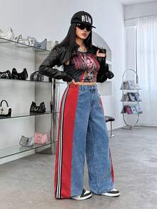 Jeanoix Plus Size High Waist Loose Contrast Color Patchwork Wide Leg Jeans - Multicolor - View 7