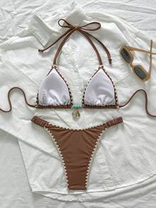 Swim Chiccia Elegant Floral Contrast Color Triangle Bikini Top With Adjustable Straps And Ruched Side Triangle Bottoms, 2pcs Set - Coffee Brown - View 6