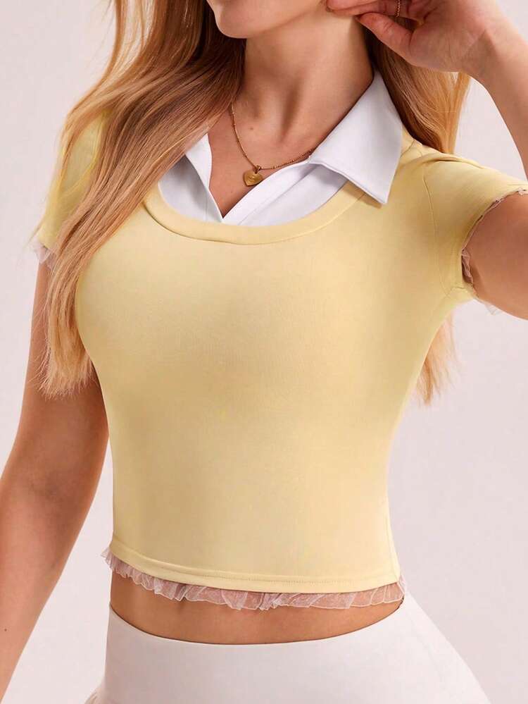 Gameset SHEIN Sport Women's Sporty Polo Shirt,2 In 1 Contrast Color Polo Collar,Asymmetrical Ruffle Hem&Cuffs,White And Yellow,Summer,Casual,Golf,Back-To-School,Running - Multicolor - View 7